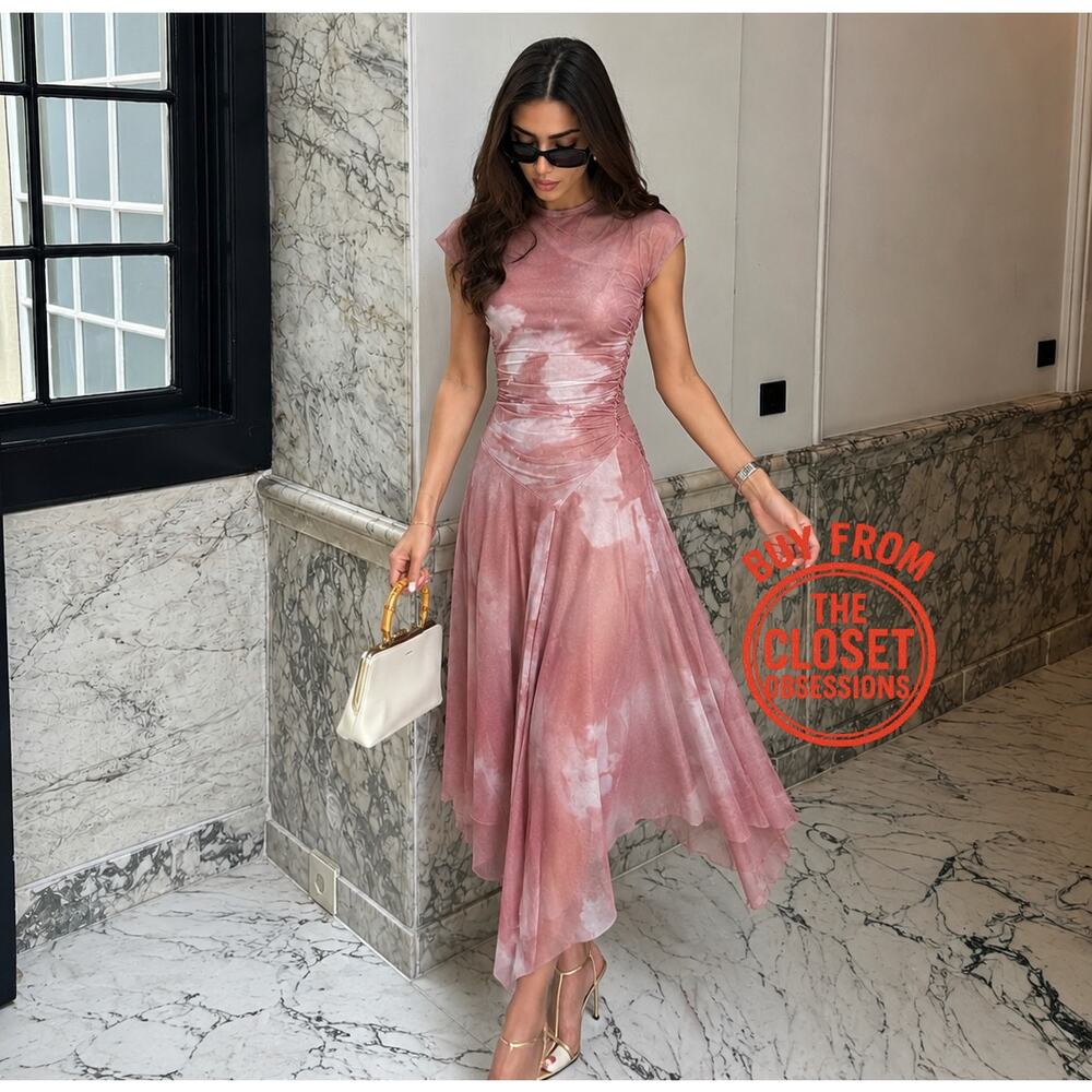 Zara NWT Pink Ruched Tulle Asymmetrical Midi Dress M - Picture 8 of 16